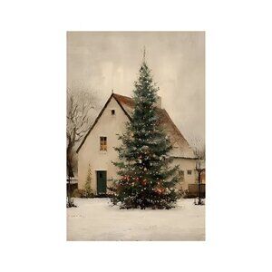 Rustic Christmas Tree Cottage Unframed Canvas Wall Art  24" X 36"
